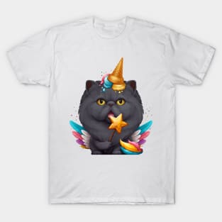 Black Persian Cat Ice Cream Unicorn T-Shirt